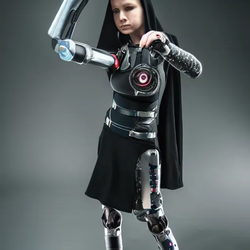 Image similar to cyborg girl wearing a cloak and a prosthetic arm