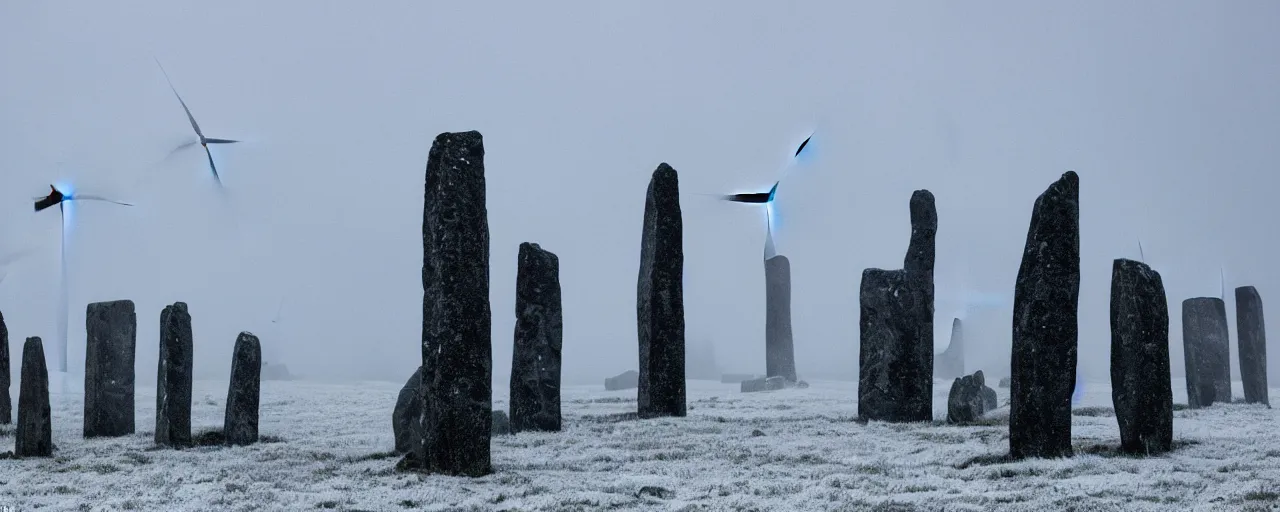 Image similar to wind turbines stand dormant among the neolithic standing stones of stenness, haunting, fog, grainy, snowing, atmospheric clouds, 4k, silhouette figures, windfar