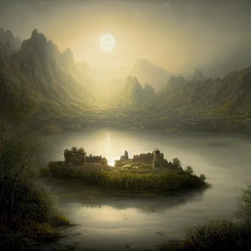 Prompt: an ultra detailed painting of a mysterious misty lagoon at night, far away behind it is a cliff with a dark castle on top of it with a few windows lit, dark forests surrounding, twilight, highly detailed, fantasy, realistic