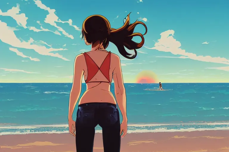 Prompt: woman laura stein at a beach watching a nuclear bomb test, digital art, by dan mumford, by makoto shinkai, anime style, half body shot, ponytail, vector art, huge nuclear explosion, apocalyptic