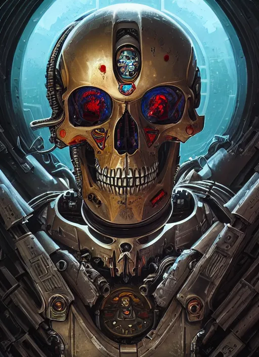 Prompt: an Adeptus Mechanicus cyborg skull from Warhammer 40k, digital portrait by Dan Mumford and Peter Mohrbacher, highly detailed