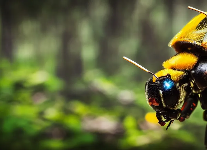 Prompt: super macro of an robotic mechanical cyborg bee drinking from a flower in the forest. fantasy magic style. highly detailed 8 k. intricate. nikon d 8 5 0 3 0 0 mm. award winning photography.