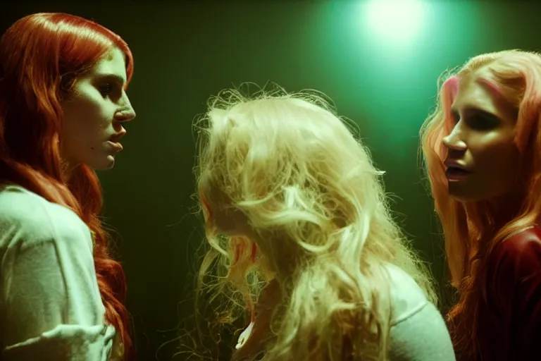 Prompt: film still of kesha talking passionately with lana del rey in cosmic horror! the musical by david cronenberg, horror sci fi, 3 5 mm film, atmospheric, ultra fine detail, film grain, photorealistic, hyperrealistic dramatic lighting