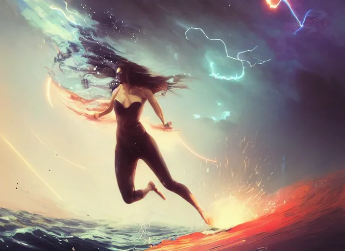 Image similar to seductive lee jin - eun running on water at super speed, emerging from multiversal galactic portal, splashes of lightning behind her, zooming past a jet, by ilya kuvshinov, peter mohrbacher, ruan jia, and james jean, aivazovsky, rule of thirds, coherent symmetry, close up, majestic, beautiful eyes