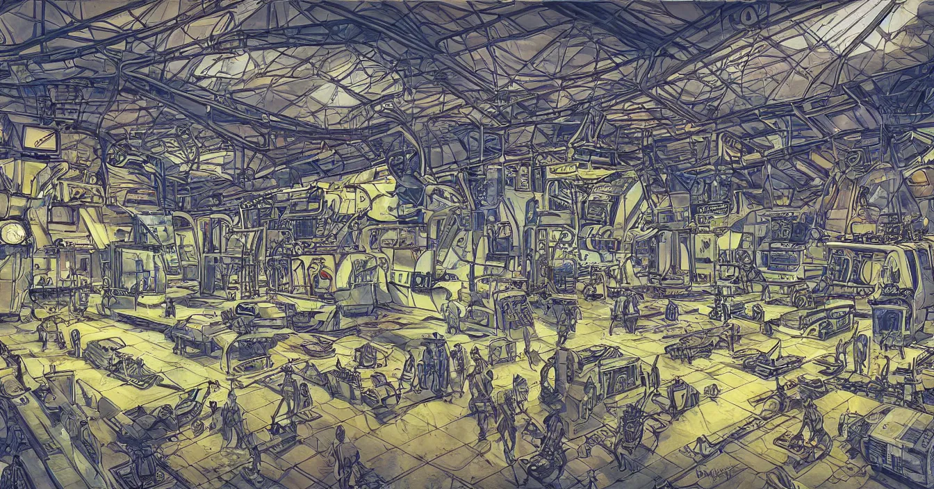 Prompt: Interior of the hall in area 55, full of alien military equipment, engineers working on flying saucers, high detail, wide perspective, saturated colors, by Shaddy Safadi