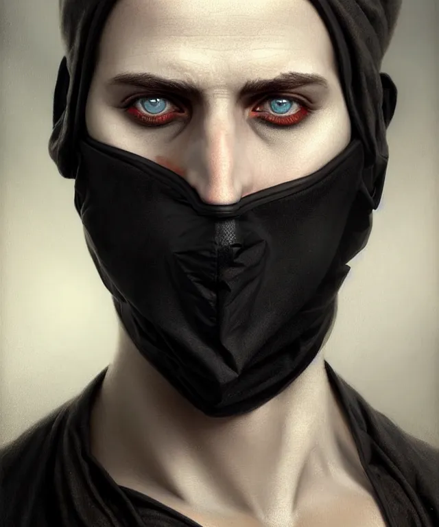 Image similar to white man with black fabric medical mask, short dark hair, highly detailed face!!!, true anatomy!, extremely detailed!, digital painting, unreal engine 5, art by tom bagshaw