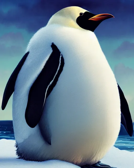Image similar to epic portrait cinematic shot an fluffy fat penguin, happy, cute, iceberg backround, cloudy, fine details. night setting. realistic shaded lighting poster by craig mullism, artgerm, jeremy lipkin and michael garmash, unreal engine, radiant light, detailed and intricate environment, digital art, trending on art station,
