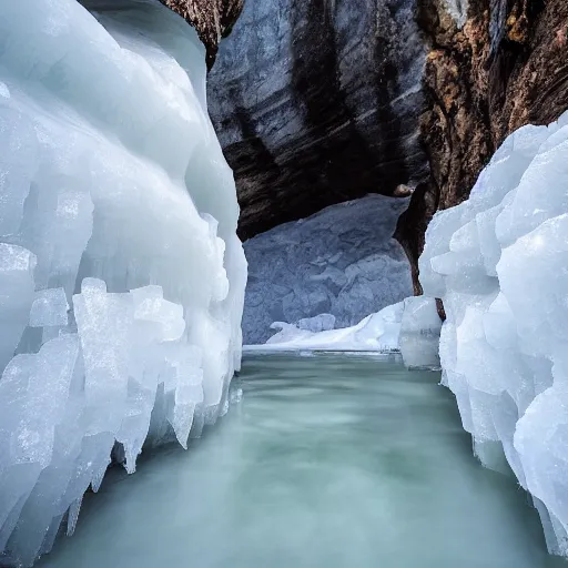 Prompt: ice cave with low ceiling and narrow rough river running through it, surreal, icicles,