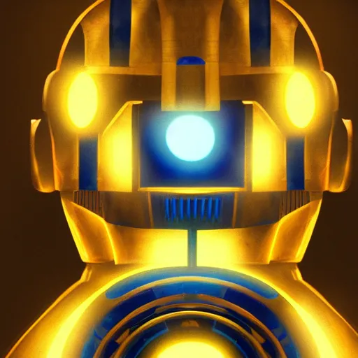 Image similar to portrait of c 3 p 0, blue and yellow glowing lights, highly detailed, digital painting, artstation, smooth, sharp focus