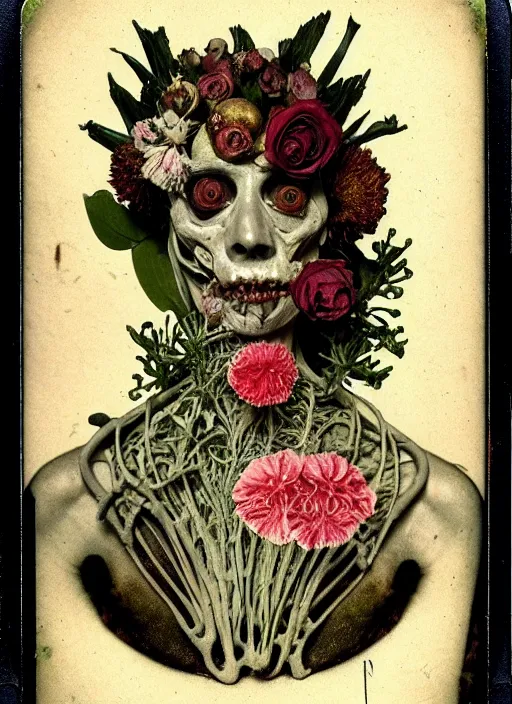 Image similar to beautiful and detailed rotten woman made of plants and many types of stylized flowers like carnation, chrysanthemum, roses and tulips, anatomica, intricate, organs, ornate, surreal, john constable, guy denning, gustave courbet, caravaggio, romero ressendi 1 9 1 0 polaroid photo