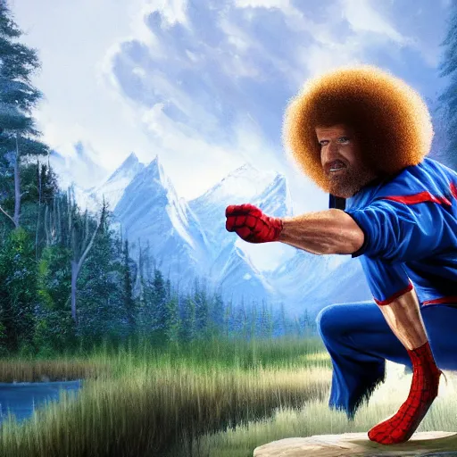 Image similar to a closeup photorealistic photograph of bob ross working on a canvas painting of spiderman. film still. brightly lit scene. mountains and trees. this 4 k hd image is trending on artstation, featured on behance, well - rendered, extra crisp, features intricate detail, epic composition and the style of unreal engine.