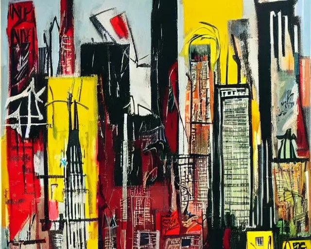 Image similar to painting of new york city skyline by graham sutherland, basquiat, neo - expressionism, muted colors!!!