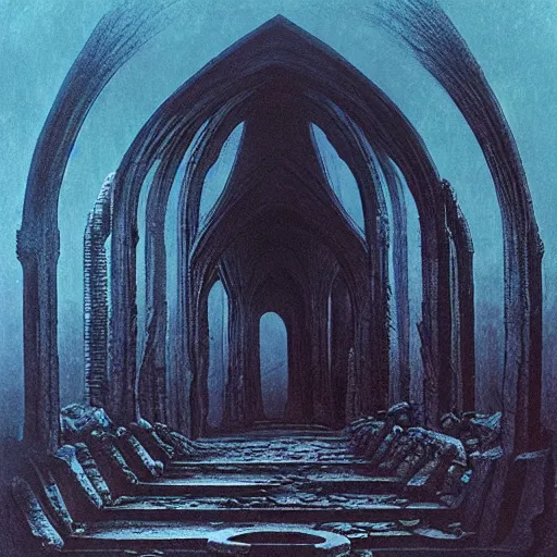 Image similar to explosion bridge, ruins, dark fantasy, arch bridge, neogothic architecture, symmetry, poster design, zdzisław beksiński, hr giger, occult mystical symbols in real life, high detail, blue fog