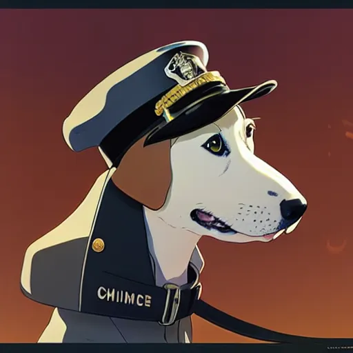 Image similar to dog as a mall cop, wearing a fun hat, makoto shinkai ghibli takashi takeuchi yoshiyuki sadamoto jamie wyeth james gilleard greg rutkowski chiho aoshima