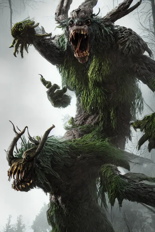 Image similar to forest monster, Witcher, creature design, concept art, weta studio, cinema 4D, extremely detailed, UHD, octane, ILM