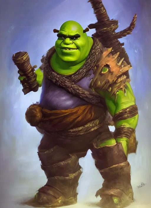 Image similar to dramatic oil painting of full body shrek as thrall from world of warcraft, artstation, shrek, epic, dramatic, shrek ogre,