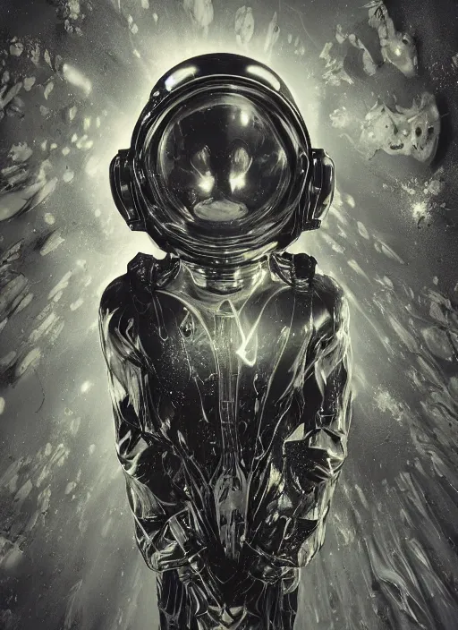 Prompt: astronauts in dark minimalists underwater - hyperdetailed suit. reflection and dispersion materials. rays and dispersion of light. volumetric light. 5 0 mm, f / 3 2. noise film photo. flash photography. ultra realistic, wide angle. poster by wayne barlowe, hajime sorayama aaron horkey, craig mullins. dark key.