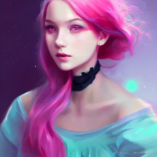 Image similar to colorful and festive captivating teenager girl with pink hair, cyan top crop, black skirt, black leggings, cute look. rich vivid colors, ambient lighting, dynamic lighting, 4 k, atmospheric lighting, painted, intricate, highly detailed by charlie bowater