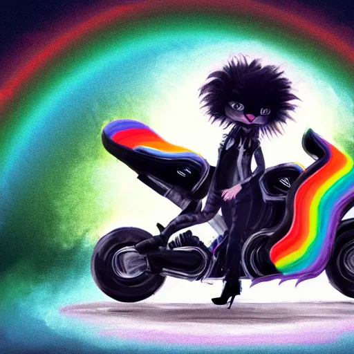 Image similar to wide angle full body, jacket wearing fluffy cute rainbow kitten wearing a black leather motorcycle jacket, riding on a motorcycle, cinematic concept art