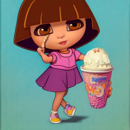 Prompt: dora the explorer as real girl holding ice cream, detailed, intricate complex background, Pop Surrealism lowbrow art style, muted pastel colors, soft lighting, by Mark Ryden and mucha, artstation cgsociety