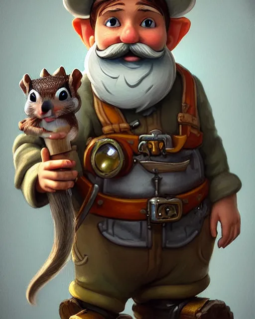 Image similar to A little engineer gnome with a bushy moustache, his tired and grubby with oil stains, standing next to a little mechanical squirrel , deep focus, D&D, fantasy, intricate, elegant, highly detailed, digital painting, artstation, concept art, matte, sharp focus, illustration, hearthstone, art by Artgerm and Greg Rutkowski and Alphonse Mucha