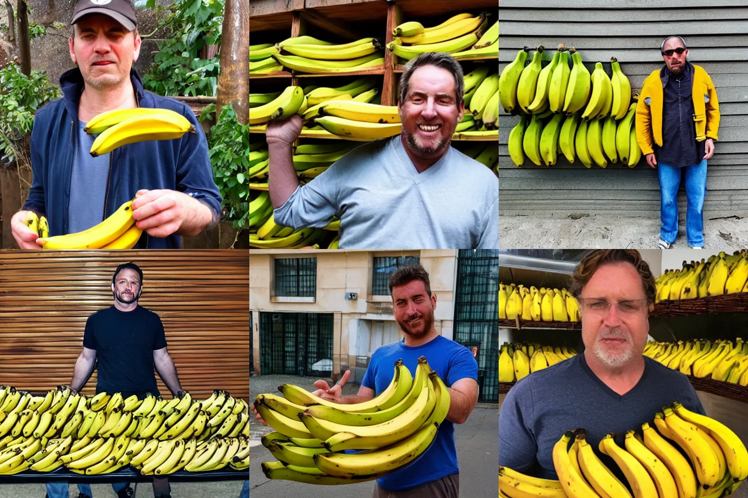 Prompt: A man unable to hold all of these bananas