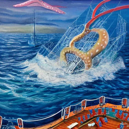 Image similar to A giant squid destroying a cruise ship in the middle of the ocean, oil painting