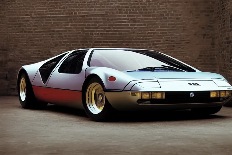 Prompt: designed by Giorgetto Giugiaro stylized poser of a single 1973 Miura Citroen DM BMW M1 ((McLaren F1)) DeLorean, thick neon lights, ektachrome photograph, volumetric lighting, f8 aperture, cinematic Eastman 5384 film