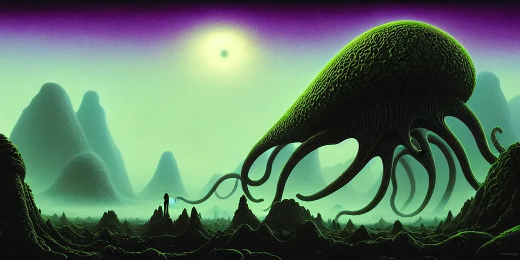 Image similar to highly detailed fantasy art of an alien cephalopod creature in a surreal landscape filled with mountains and mist, diffuse lighting, fog, muted colors, by roger dean, kilian eng. mœbius
