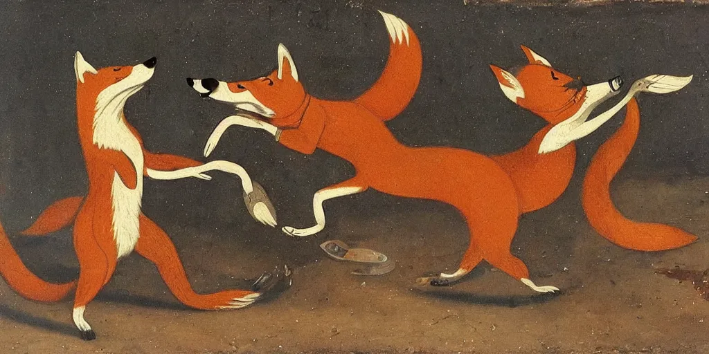 Prompt: anthropomorphic fox fighting a mechanical monster, 1 9 th century painting