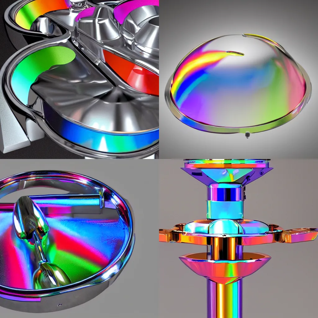 Prompt: parabolic refractor manifold rgb chrome device