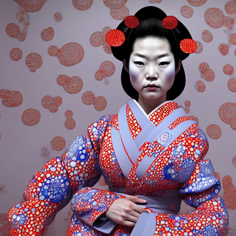 Image similar to hyperrealistic detailed image of a geisha in a art installation room, hd smooth interior by yayoi kusama, part by kei mieno, part by ross tran, dark art by james jean, ultra realistic, highly detailed, life like face, detailed body, 8 k, 3 d render by roger magrini, masterpiece