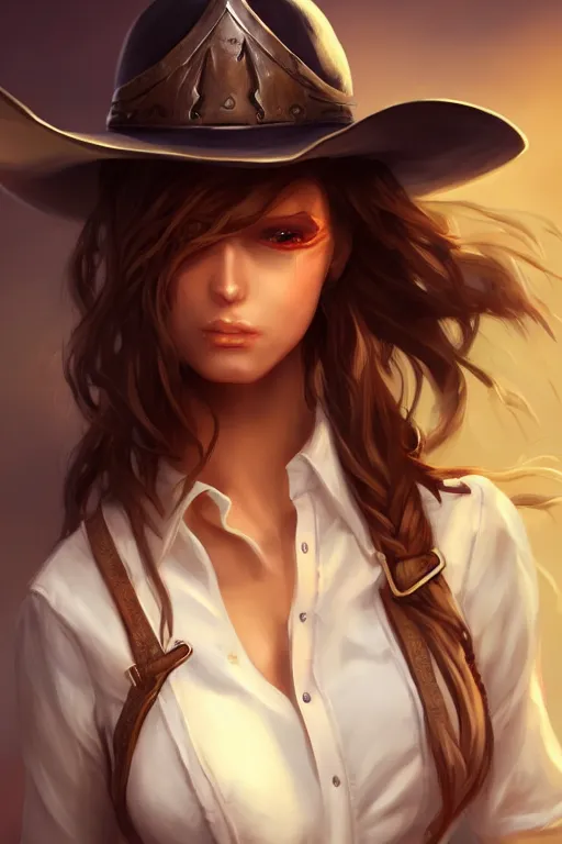 Image similar to full body, female cowgirl, perfect face, white blouse, holster, 8 k, magic the gathering, desert, d & d, artstation, high detail, smooth, sweaty