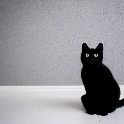 Prompt: photograph of a black cat sitting in a white room