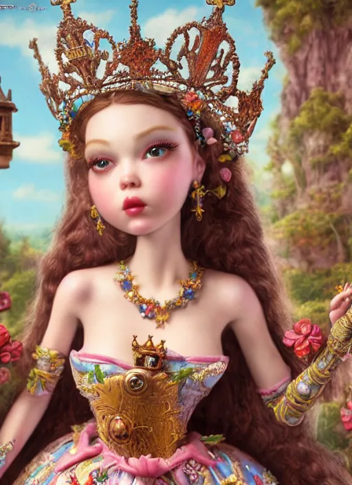 Image similar to highly detailed closeup, profile portrait of a tin toy fairytale princess wearing a crown, bikini, unreal engine, nicoletta ceccoli, mark ryden, earl norem, lostfish, global illumination, detailed and intricate environment
