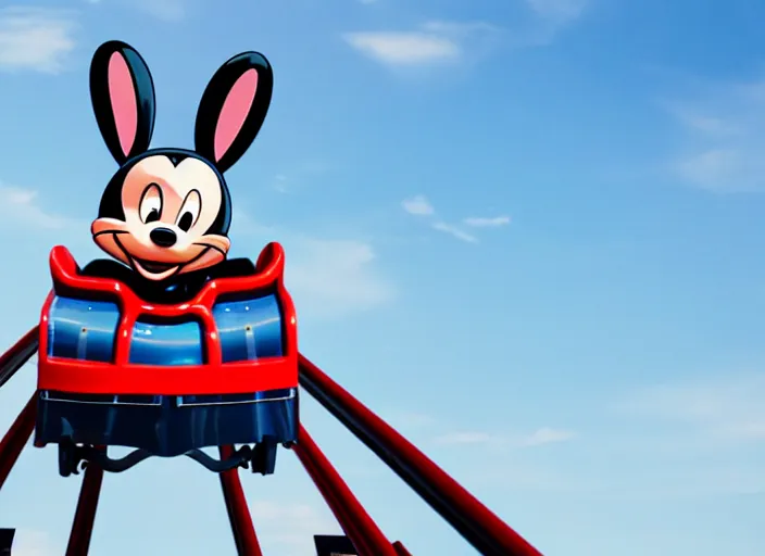 Image similar to film still of a bunny riding a roller coaster in disneyland paris, 8 k