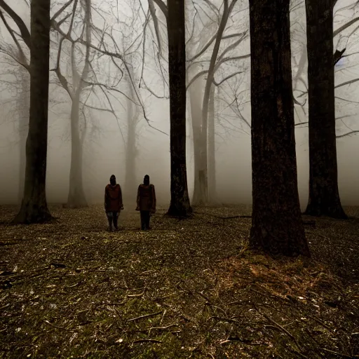 Prompt: Three ominous figures standing amongst a tall skinny tree forest with eerie fog covering the ground. Creepy glowing eyes coming from the fog and a night time setting