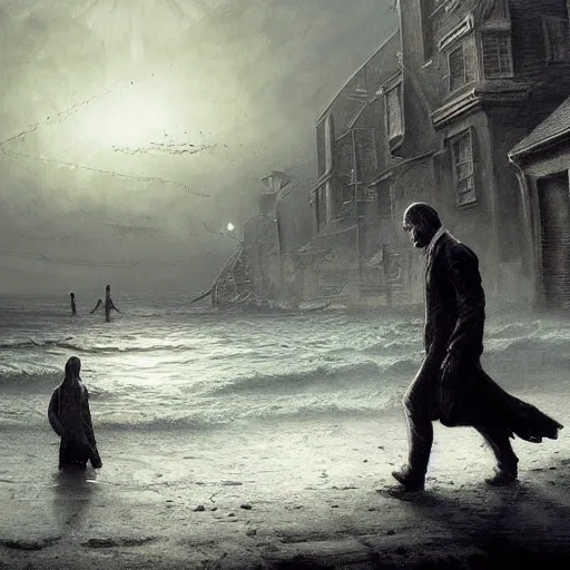 Image similar to shadow over innsmouth, people walking out of the water, painted by seb mckinnon, high detail, dramatic light, digital art, painted by greg rutkowski, promotional movie posterart, trending on artstation