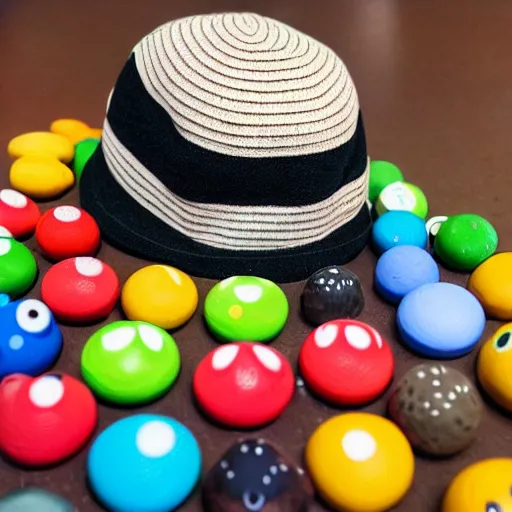 Image similar to wooden toy, tamagotchi, hat, big eyes