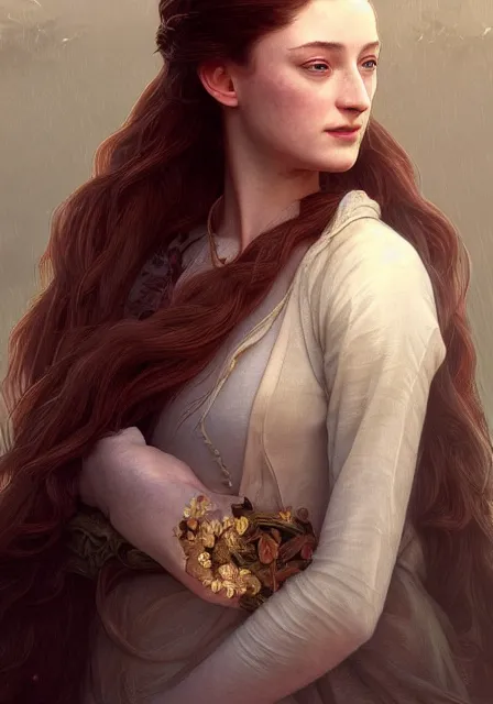 Image similar to portrait of little bird sansa stark with long hair, intricate, elegant, highly detailed, digital painting, artstation, concept art, smooth, sharp focus, illustration, art by artgerm and greg rutkowski and alphonse mucha and william - adolphe bouguereau