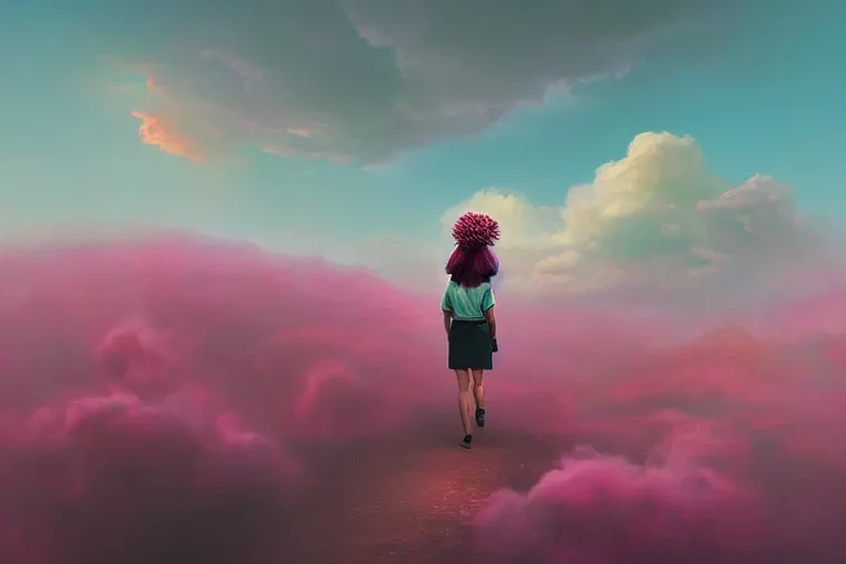 Prompt: giant dahlia flower crown as head girl walking on mountain, surreal photography, pink storm clouds, dramatic light, impressionist painting, digital painting, artstation, simon stalenhag