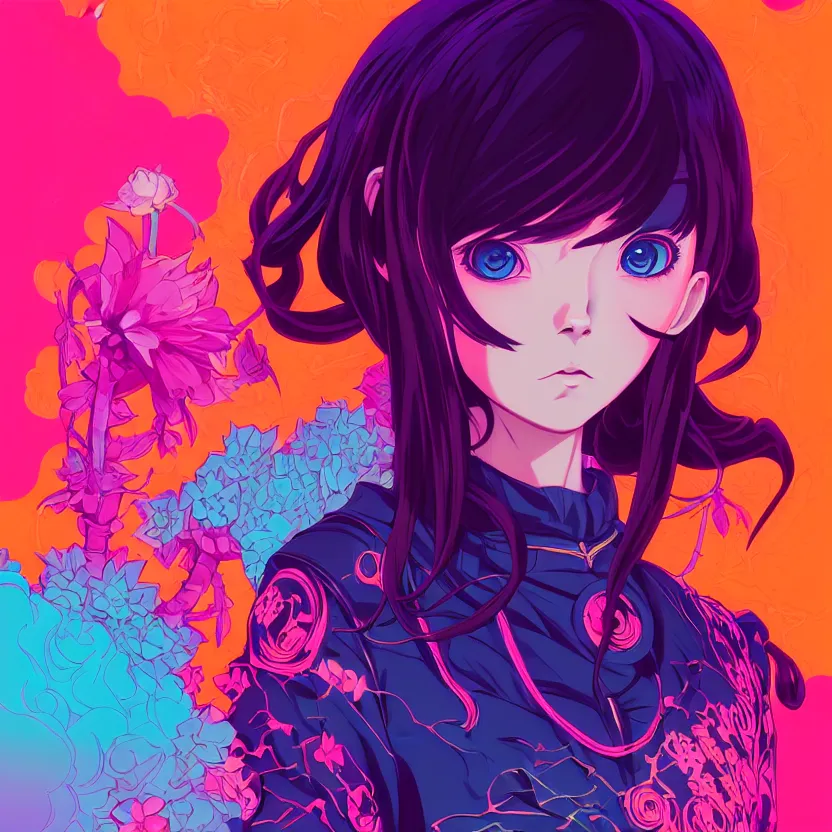 Prompt: symmetrical portrait of one cute modern gothic anime girl, synthwave flower background, gloomhaven, colorful swirly retrowave style fantasy portrait, by sachin teng, jesper ejsing, ilya kuvshinov, extremely detailed surreal digital art, trending on artstation, masterpiece 4 k,