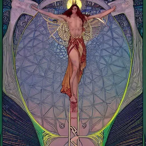 Image similar to a spiritual cross on top of a holy mountain, holy geometry, Mucha, Moebius, Mohrbacher