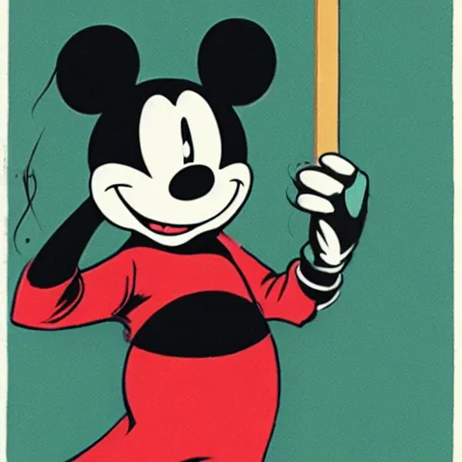 Prompt: micky mouse stands over the body of goofy smoking a cigarette and holding a bat, sin city, frank miller, concept art, high detail, professional lighting