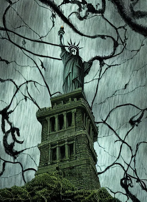 Image similar to hyper detailed painting of the statue of liberty; cracked, decaying, covered in moss and vines; thunderstorm; moody cinematic lighting, painted by Greg Rukowtski, trending on Artstation