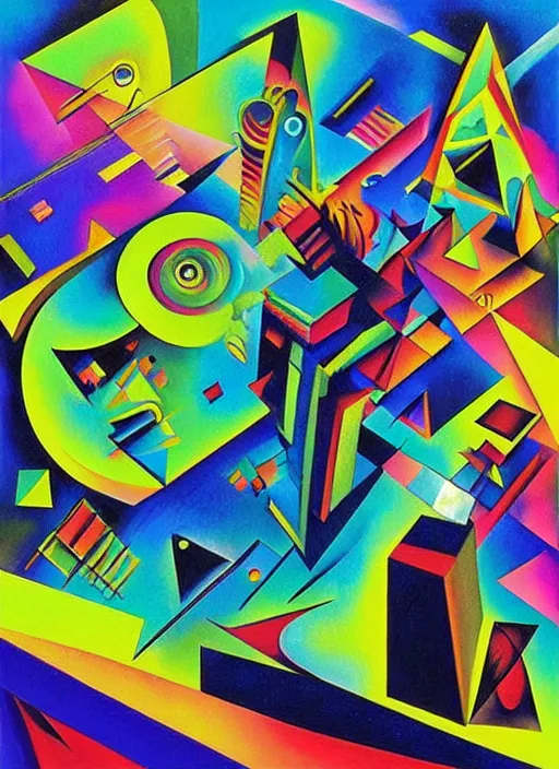 Prompt: “A surreal neon painting the astral mind, Tantric symbols, occult, 3d kandinsky cityscape made of cubism futuristic picasso rooms in 3 point perspective by hr giger and Vladimir kush and dali and kandinsky, 3d, realistic shading, complimentary colors, vivid neon colors, aesthetically pleasing composition, masterpiece, 4k, 8k, ultra realistic, super realistic”