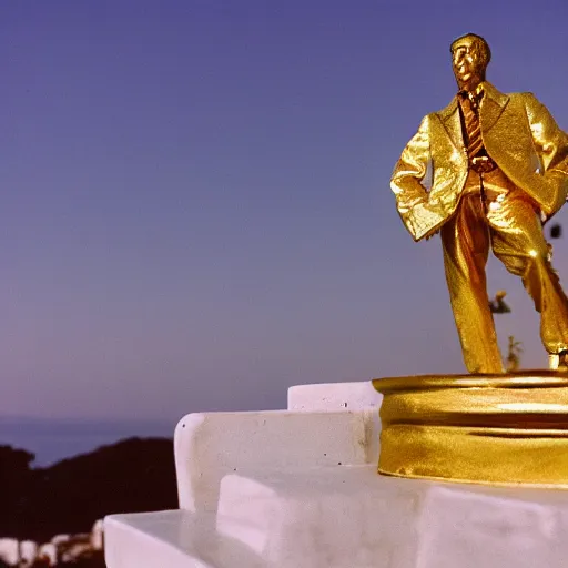 Prompt: photo of gold plated nick cage statue in greece, cinestill, 800t, 35mm, full-HD