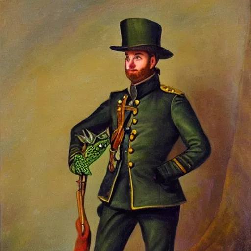 Image similar to a beautiful frog in a 19th century military outfit, oil on canvas. pixar