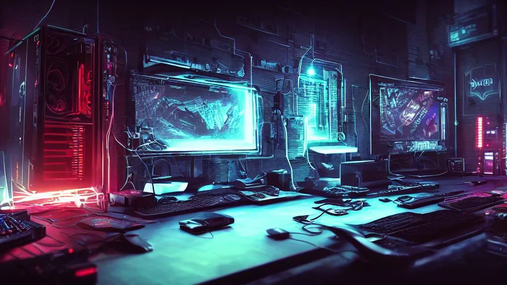 Image similar to a cyberpunk overpowered computer. Overclocking, watercooling, custom computer, cyber, mat black metal, orange neon stripes, alienware, futuristic design, Beautiful dramatic dark moody tones and lighting, Ultra realistic details, cinematic atmosphere, studio lighting, shadows, dark background, dimmed lights, industrial architecture, Octane render, realistic 3D, photorealistic rendering, 8K, 4K, computer setup, intricate details