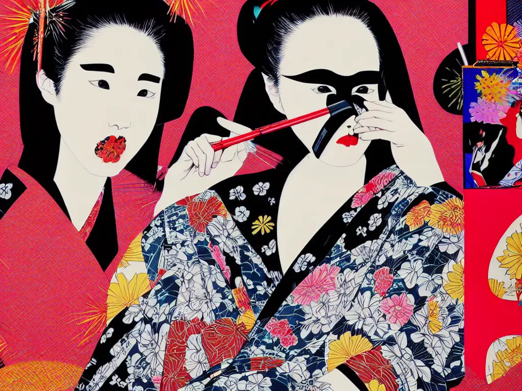 Image similar to hyperrealistic composition of the detailed woman in a japanese kimono sitting at a extremely detailed black jack table with darth vader, fireworks, mountain fuji on the background, pop - art style, jacky tsai style, andy warhol style, acrylic on canvas